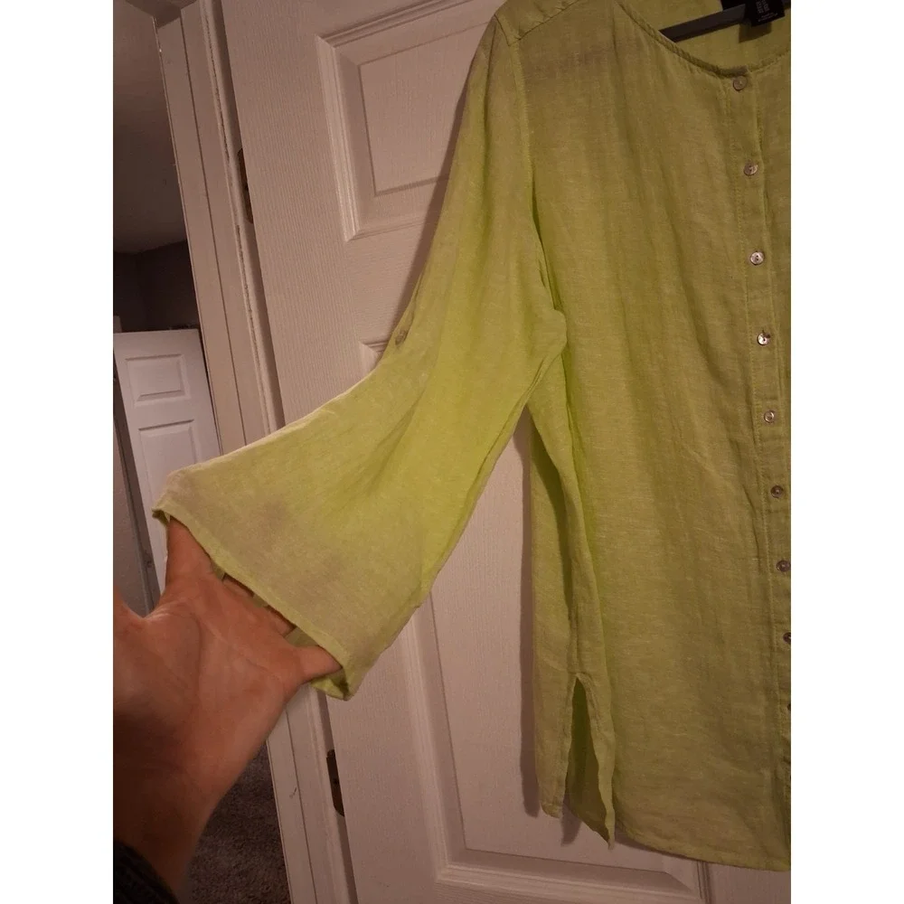 Tahari 100% Linen Tunic Shirt 1X Lime Green Roll Tab Sleeve Lagenlook Coastal